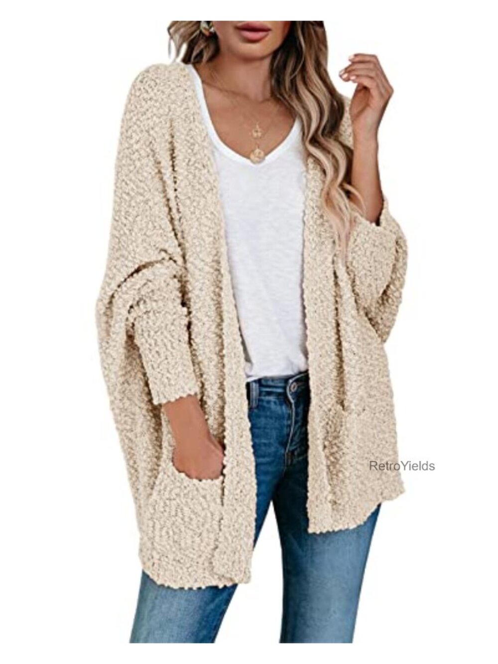 Oversized Popcorn Knit Open Front Batwing Sleeve Cardigan Sweater